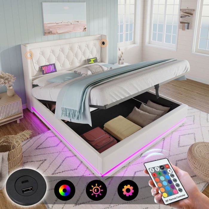 URTR Lit capitonné 140x200 cm blanc PU coffre hydraulique tête capitonnée avec USB-C LED 3 côtés sans matelas élégant