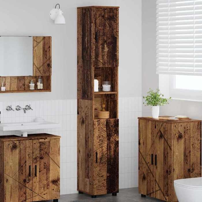 Marron Cabinet de salle de bain Bois Ancien 30x35x192 cm - Meuble Rangement LV40325