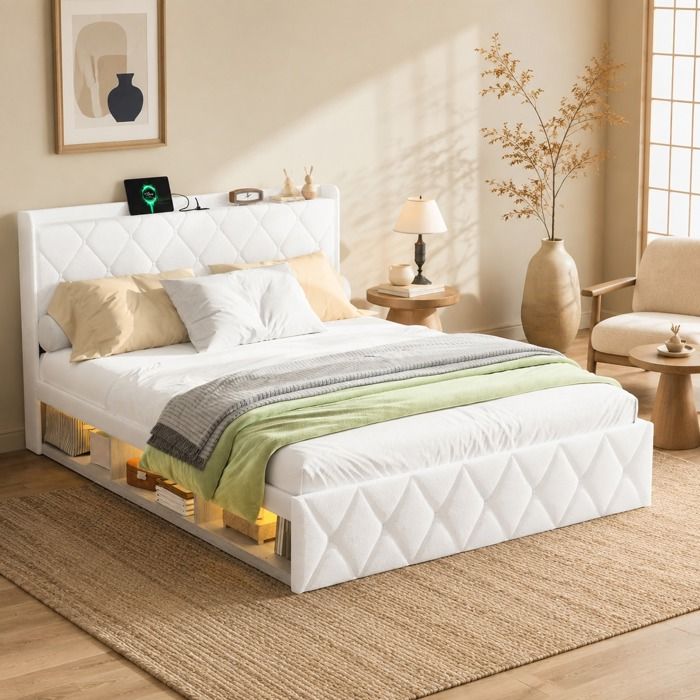 Lit rembourré blanc 140 x 200 cm avec LED USB 6 tiroirs structure métal et lattes bois sans matelas