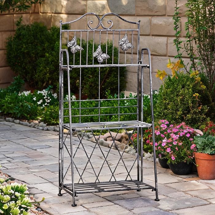 Étagère à plantes pliable en métal gris froid 44x25x96 cm 3 niveaux décoratifs pour jardin romantique