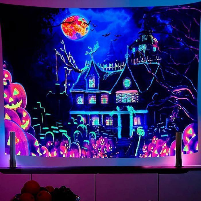 Tapisserie murale Halloween - 200x150 cm - Citrouille chauve-souris - Lumière noire - 100 % polyester