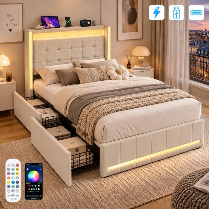 Lit coffre 90x200 avec sommier ports LED et USB Lit simple rembourré avec 2 tiroirs de rangement Lit adolescent Lin beige