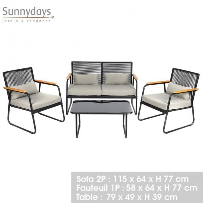 Tables et chaises - Salon de jardin 4 places POSITANO - Gris et noir - Résine tressée et métal - L 79 x P 49 x H 39 cm