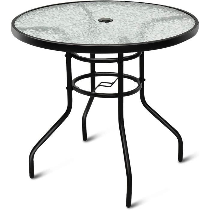 costway table de jardin ronde en verre trempé plateau ø 80 cm avec trou de parasol hauteur 70 cm pour, bistro,patio, terrasse noir