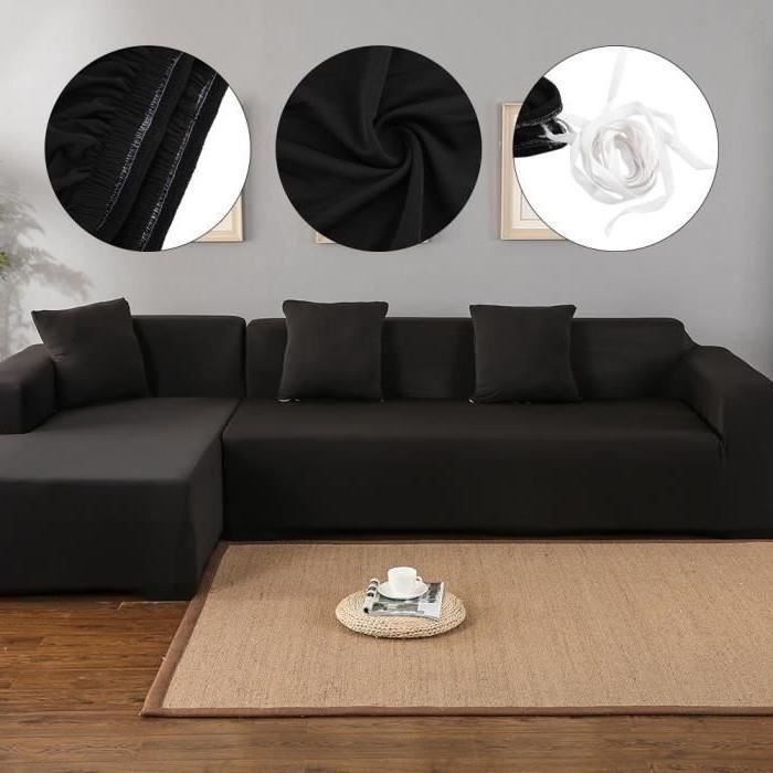 Housse de canapé, adaptée aux meubles luxueux doux-noir-polyester 3 + 2 protections en forme de L d'angle