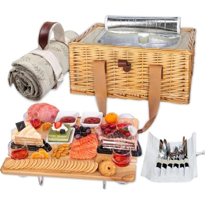 Ensemble Panier Pique-Nique Pour 2 Personnes Avec Table Pliante, Couverts Et Sac Isotherme – Panier Osier Élégant