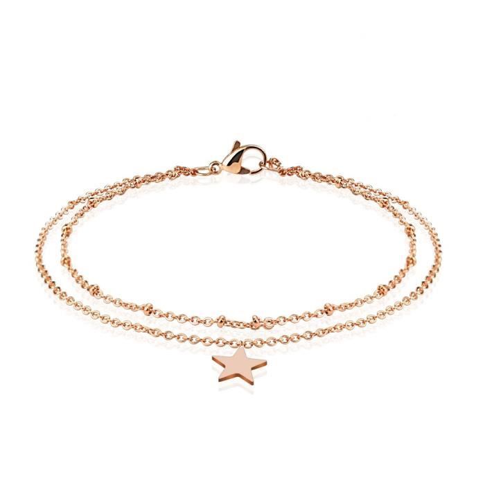 Bracelet chaine de cheville double réglable - Acier - Cuivré - Femme étoile