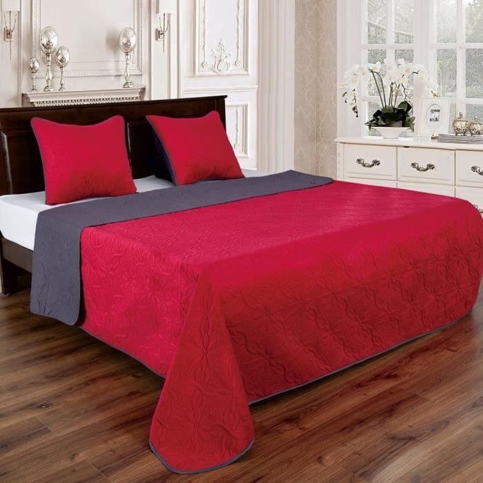 Couvre Lit Florale Reversible Rouge Gris Anthracite 230x250cm Achat Vente Jetee De Lit Boutis Cdiscount