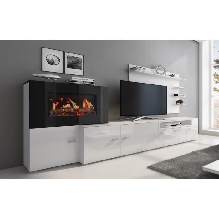 Meuble de salon avec cheminée électrique à 5 niveaux de flamme - Skraut Home - Blanc Mat/Blanc laqué Brillant