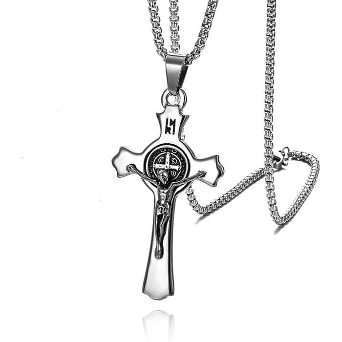 Acier Inoxydable Jésus Benoît Médaille Catholique Crucifix Pendentif Croix Collier