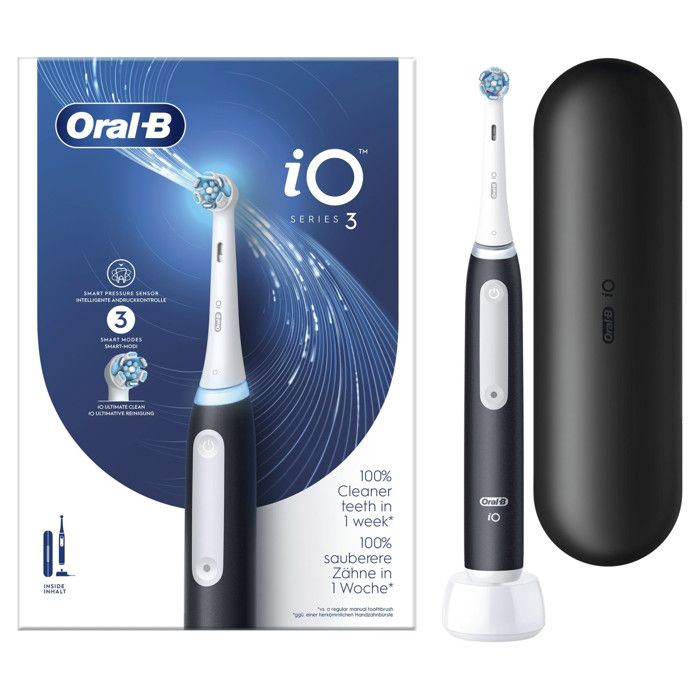 Oral-B iO Series 3 Brosse à dents électrique avec 3 modes de brossage pour les soins dentaires, technologie magnétique, étui de voya