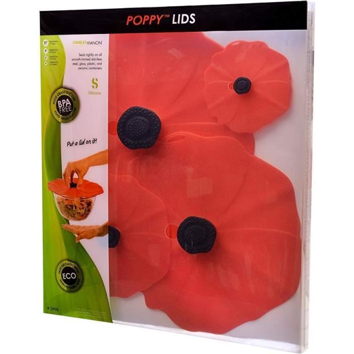 Lot de 4 couvercles - CHARLES VIANCIN - Coquelicot Rouge - Silicone - Hermétique - Compatible lave-vaisselle
