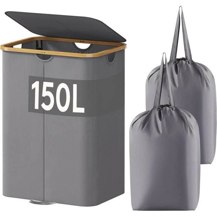 Panier à Linge 3 Compartiments En Bambou FALSTER - 150 L, Pliable, Avec Couvercle Et Sac Amovible