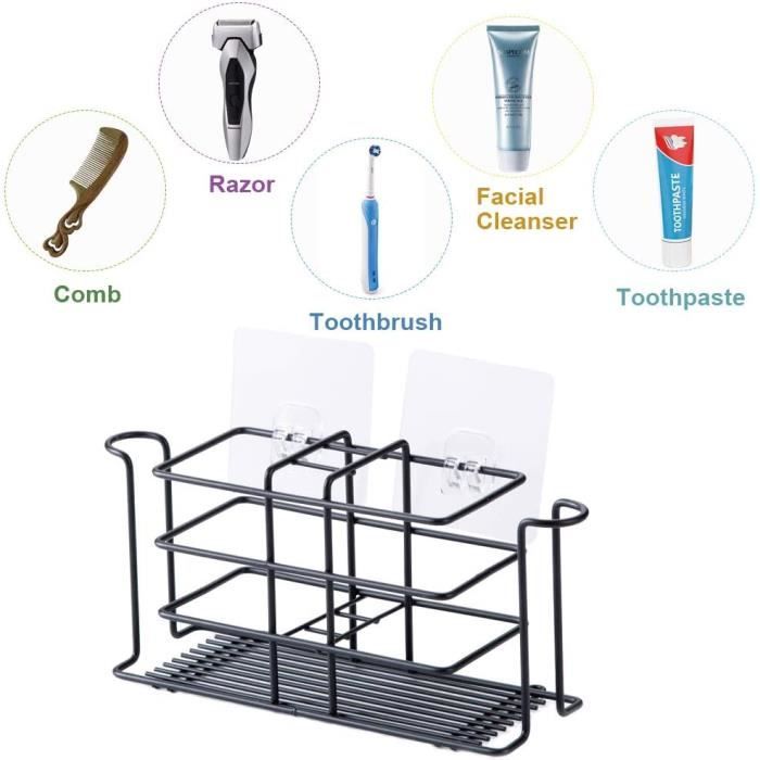 MOGADEE Porte-Brosse à Dents 2 Compartiments + Bac Rangement - Plastique Et Bambou Noir Multifonction