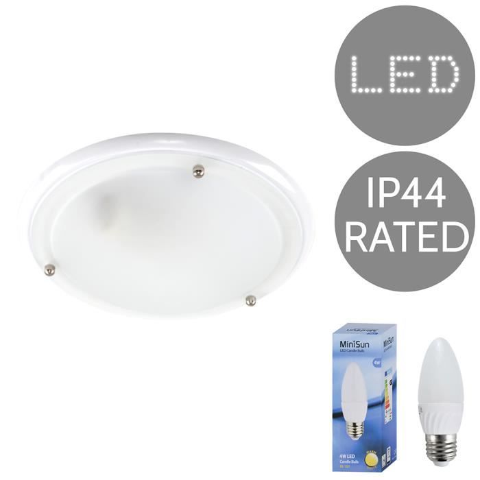 Plafonnier Minisun Ip44 Pour Salle De Bain Verre Blanc Led 4
