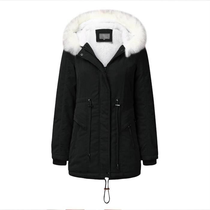 Manteau Femme de Marque mi longue a capuche Manteau plus de velours Manteau Femme a fourrure synthetique pardessus Femme Noir Cdiscount Pret a Porter