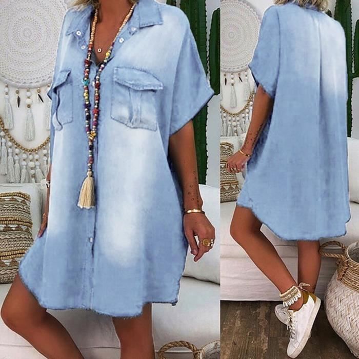 Robes En Denim Asymetriques De Grande Taille Pour Femmes Robe Longue Au Genou A Manches Courtes Batwing Bleu Clair Bleu Clair Achat Vente Robe Cdiscount