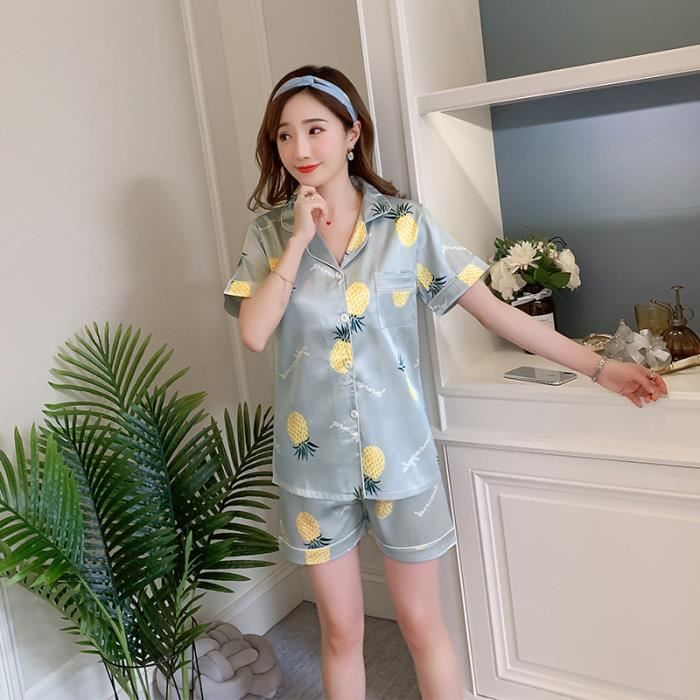 Pyjamas en soie pour femmes,Pyjama en Satin de soie à manches courtes ...