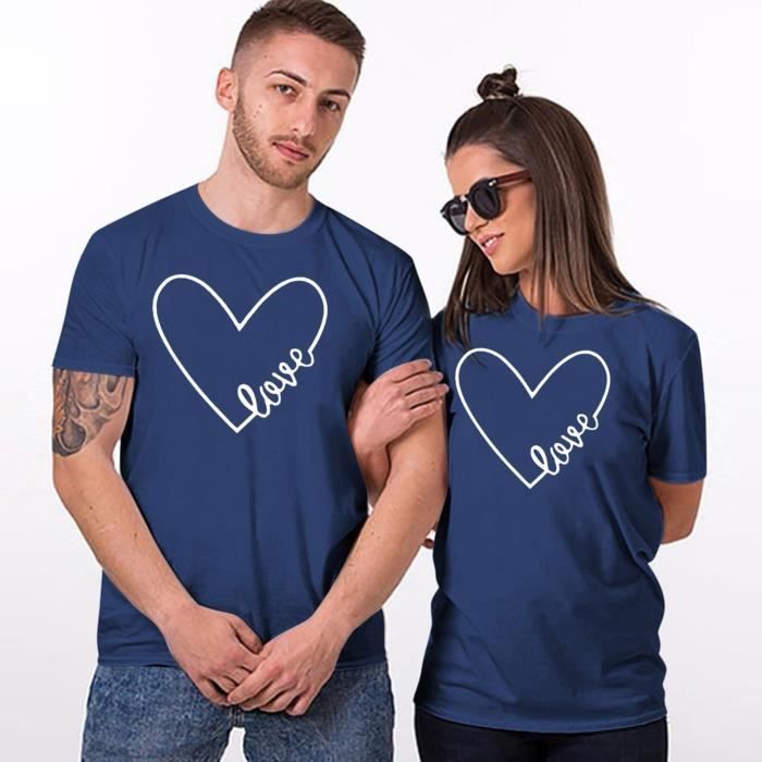 Hommes Couples Amoureux Saint Valentin A Manches Courtes Lettre D Amour Imprimer T Shirts Tops Marine Cdiscount Pret A Porter