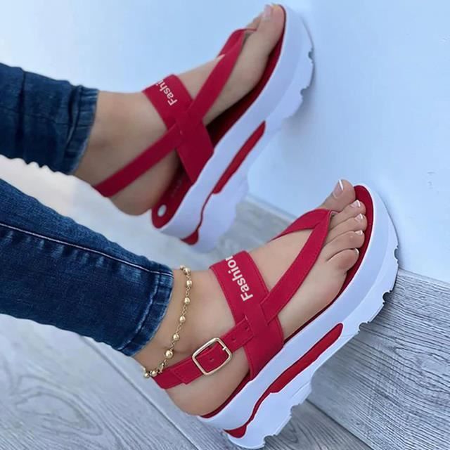 Sandales à Plateforme Compensée Femme - Rouge - Boucle de Serrage - Hauteur  Talon 3cm Rorge - Cdiscount Chaussures