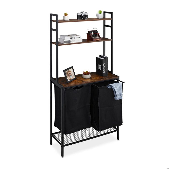 Relaxdays Meuble à linge 2 compartiments extensibles HxLxP: 162x80x34 cm étagères rangement vêtements noir - marron