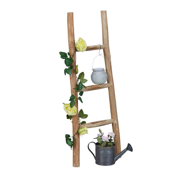 Relaxdays Echelle décorative en bois 90 cm jardin 3 barres châtaignier artisanal pour habits et serviettes nature