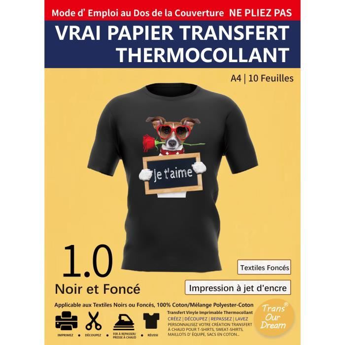TransOurDream 1.0-10 feuilles x A4 Papier Transfert pour Textile et T-shirt Noir ou Foncé - Jet d'Encre,non impression mode miroir