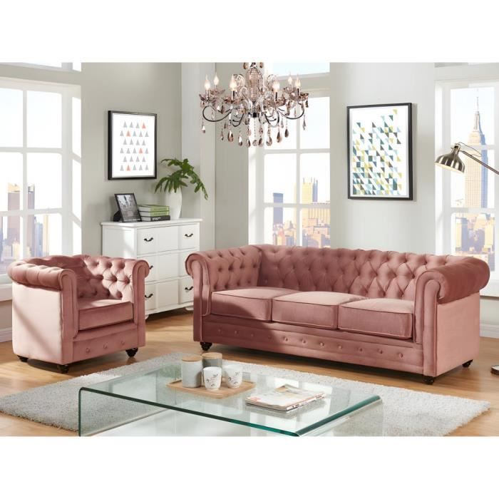 canapé 3 places et fauteuil chesterfield - velours rose pastel