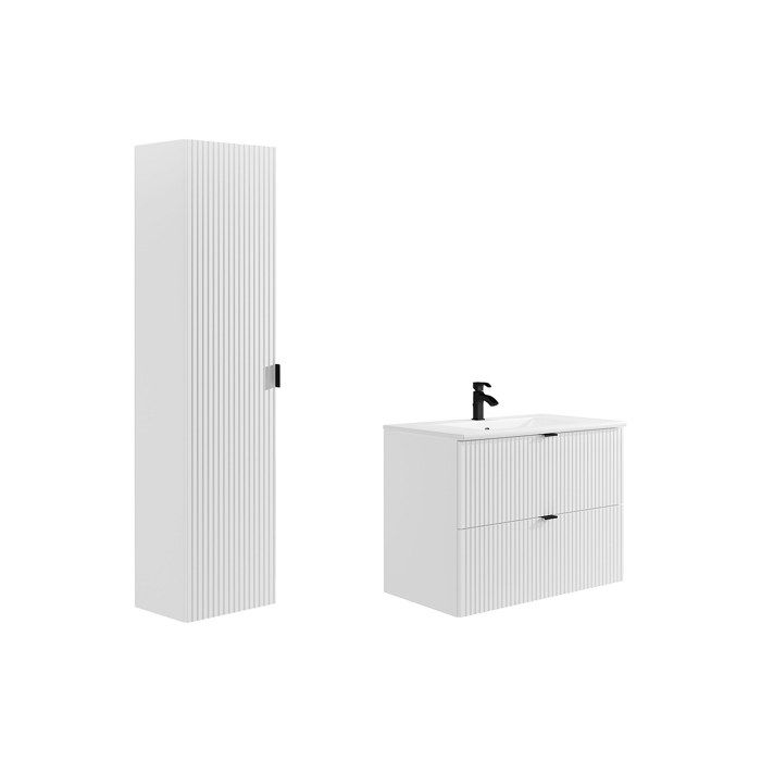 Meuble de salle de bain suspendu strié avec vasque à encastrer et colonne - Blanc mat - 80 cm - ZEVINI