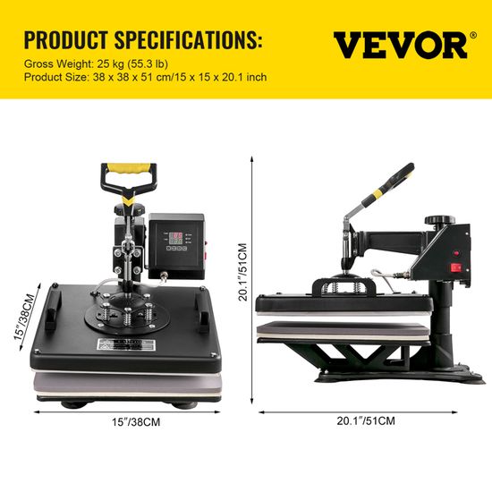 Presse à Chaud 5 En 1 VEVOR 38x38 Cm - 1000W, Double Tube Chauffant - Pour T-shirt, Casquette, Tasse, Plaque - Affichage Numérique - 9