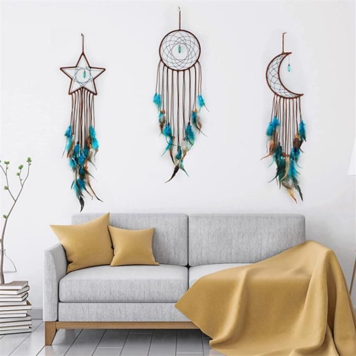 Attrape-Rêves Lune Turquoise - Décoration Murale Bohème Fait Main Pour Chambre Enfant