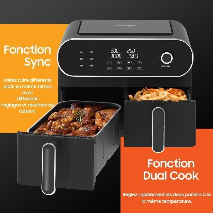 Friteuse à Air XXL Dual Zone 11L - 2600W - 2 Tiroirs (7L+4L) - 10 Programmes - Écran Tactile - Cuisson Saine Sans Huile - 6