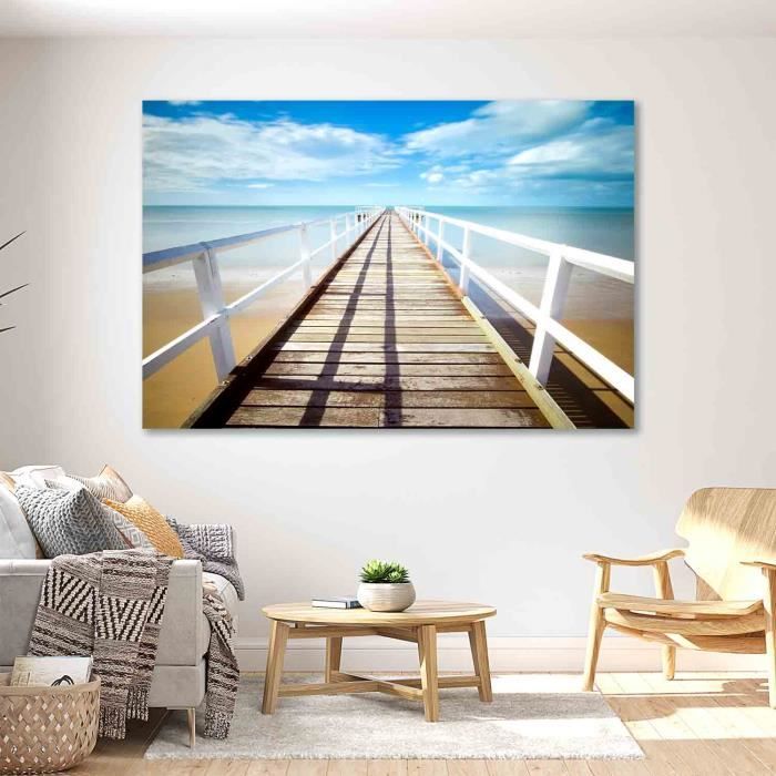 B&D XXL Tableau Décoratif Paysage Mer 150x50 Cm - Impression Toile Cadre Bois - Vert Gris Plage