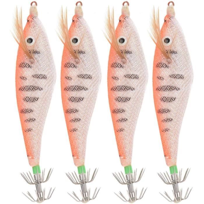 Lot De 4 Leurres Crevettes Lumineux – LED, 10 Cm, Double Crochet, Bionique – Eau Salée/douce – 4 Couleurs – Pêche Au Calmar