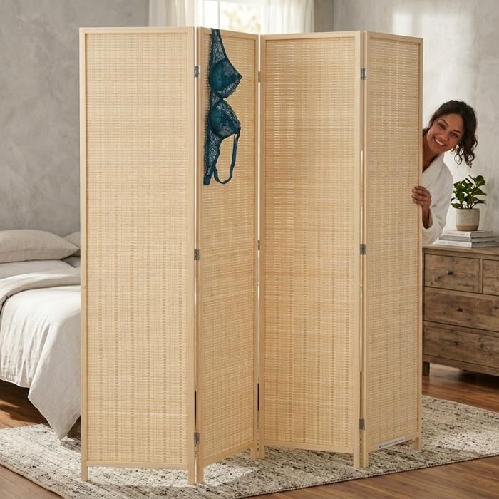 Paravent Pliable Bambou 4 Panneaux 180x180cm - Séparateur Pièce Nature Marron Imprimé