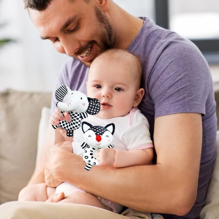 Lot De 2 Hochets Sensoriels Bébé Noir Et Blanc - Jouet Doux 0-12 Mois - Développement Visuel Et Auditif - Cadeau Nouveau-né