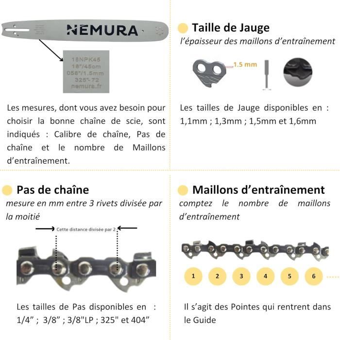 Kit guide et chaînes de tronçonneuse Nemura - Guide de 35cm - 3 chaînes 52  maillons - Pas 3/8LP - Jauge 1,3mm - Cdiscount Jardin