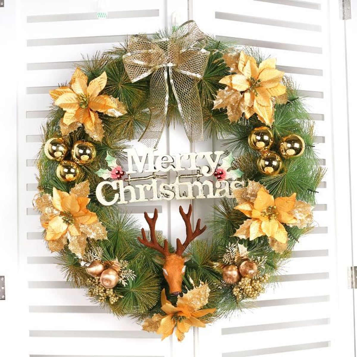 Couronne Luxe Decoration Noel Diverses Occasions Diametre 55cm Boule Fleur Noeud Cerf Lettre Couleur Doree Achat Vente Couronne De Noel Cdiscount