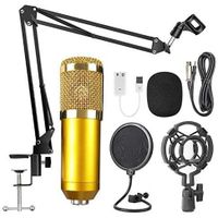 BM-800 Microphone à Condensateur Kit, Micro Studio Streaming Professionnel avec Suspension Bras pour PC,Gamer, Doré