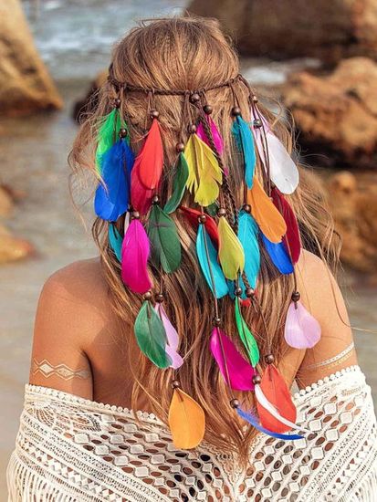Set Boho Indien Otuuz – Bandeau Plumes, Boucles D'oreilles, Collier Cuir, Bracelet Hippie, Vintage