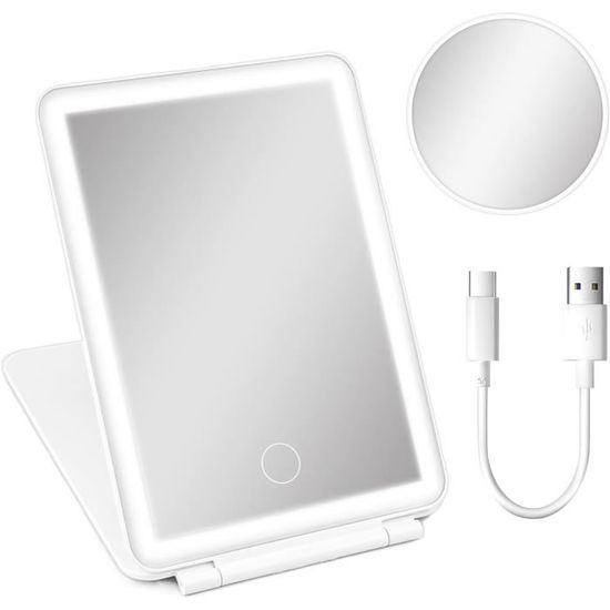 Miroir Maquillage LED 10x Portable Farerkass - Miroir Voyage Rechargeable 3 Couleurs Lumière