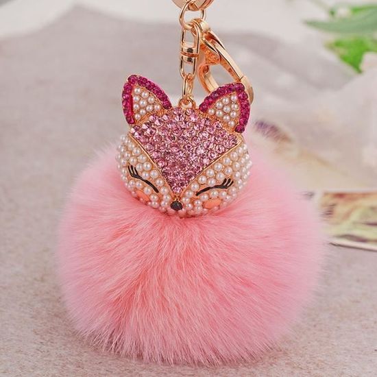 VALICLUD Porte-Clés Pompon Fourrure Lapin Renard Strass - Pendentif Duveteux Sac / Voiture Bleu Foncé - Cadeau Fun Pour Filles Et Femmes