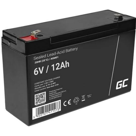 GreenCell® Rechargeable Batterie AGM 6V 12Ah accumulateur au Gel Plomb  Cycles sans Entretien VRLA Battery étanche Résistantes - Cdiscount Auto