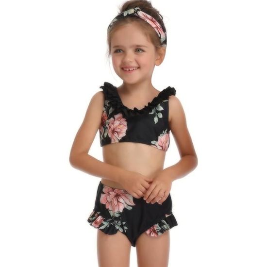 Maillot de bain 3 pièces hawaïen pour fille - Maillot de bain 3 pièces pour fille - Avec jupe imprimée florale - Maillot de bain pour enfants - Maillot de bain pour