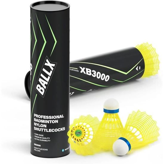 Xb3000 Lot De 6 Volants En Nylon De Badminton Bleu (Vitesse Moyenne) En Jaune Avec Panier En
