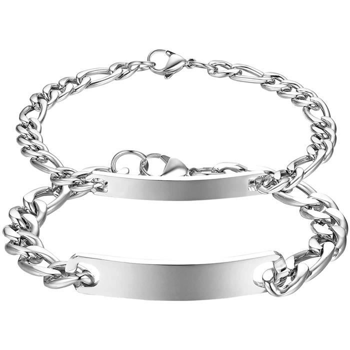JewelryWe 2 Pièces Bracelet Couple Acier Inoxydable Bracelet Lien Réglable Bracelet Personnalisé Gravure 16645