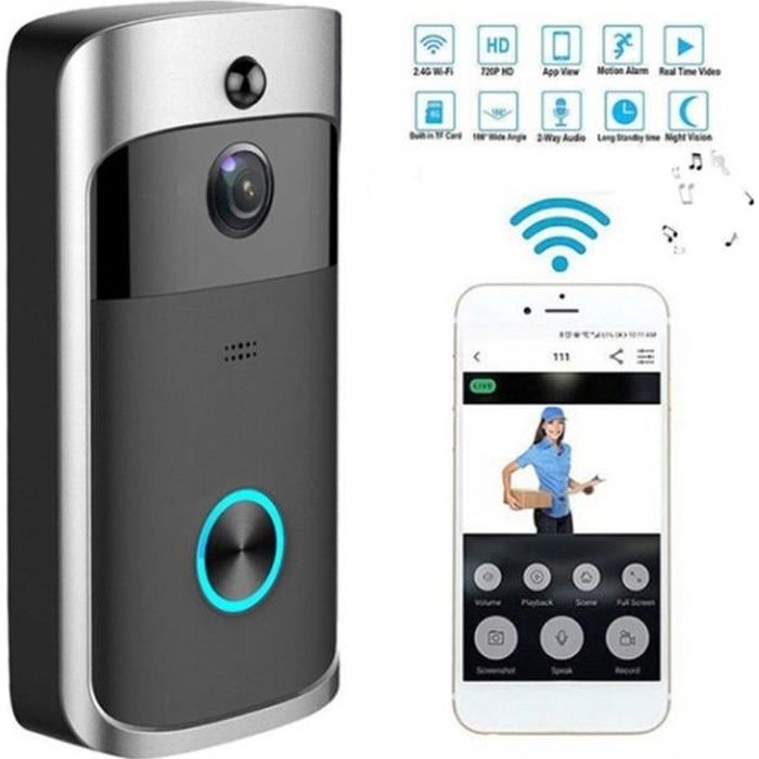 Sonnette Wi-Fi 720P HD Vidéo bidirectionnelle Conversation Vision nocturne Imperméable Sonnette sans fil,Noir