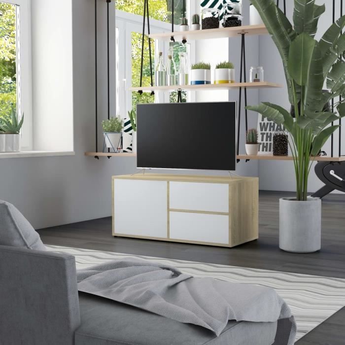 Luxueux Meuble TV Design - Meuble de rangement Meuble de Télévision Blanc et chêne sonoma 80x34x36 cm Aggloméré ♫90435