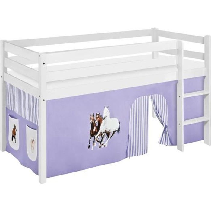 Lit surélevé ludique JELLE 90 x 190 cm Chevaux lilas beige - avec rideaux - LILOKIDS - blanc laqué