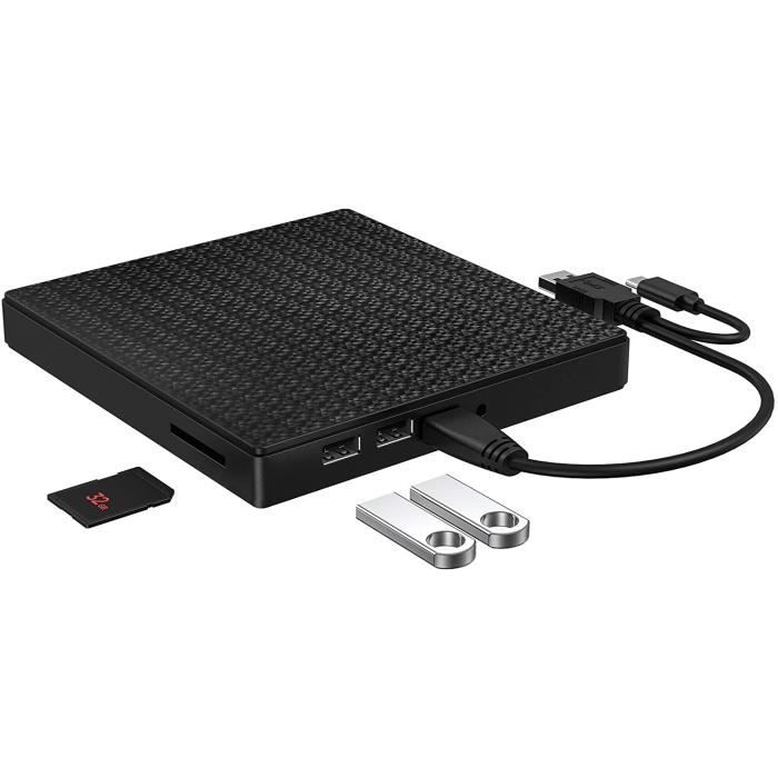 Lecteur CD DVD Externe, Type C et USB 3.0 Lecteur de CD-ROM Externe de DVD-RW avec Lecteur de Carte SD TF et clé USB, graveur de DVD